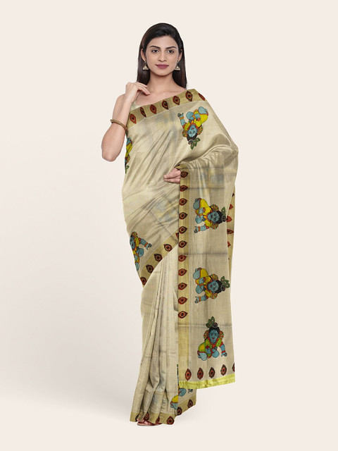 

Pothys Gold-Toned & Blue Ethnic Motifs Zari Pure Cotton Saree