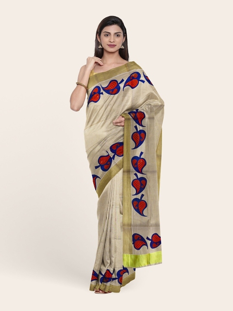 

Pothys Gold-Toned & Blue Floral Zari Pure Cotton Kasavu Saree