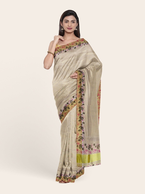 

Pothys Gold-Toned & Grey Floral Pure Cotton Saree