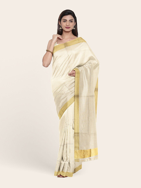 

Pothys Off White & Gold-Toned Striped Zari Pure Cotton Saree