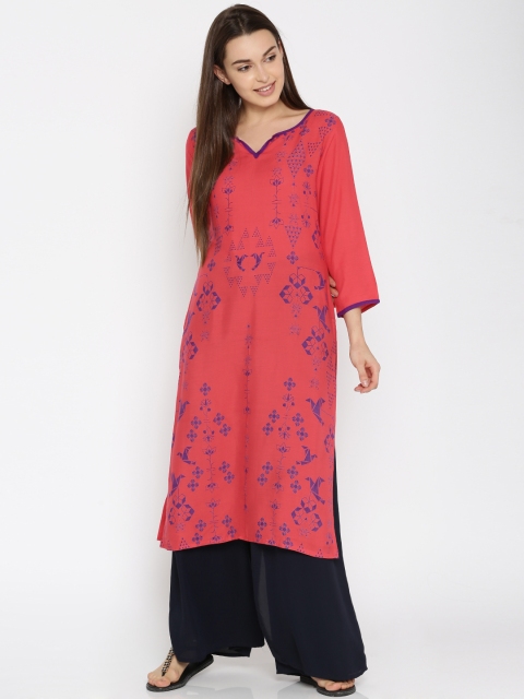 

Moda Rapido Women Coral Red Printed Straight Kurta