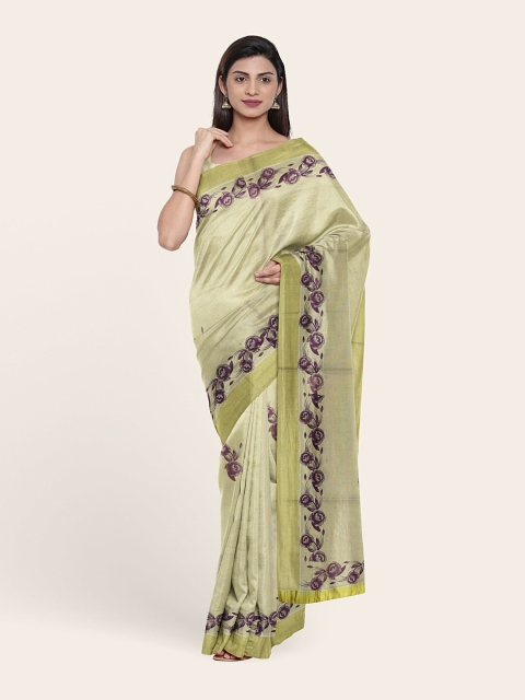 

Pothys Women Gold-Toned & Olive Green Floral Zari Pure Cotton Saree