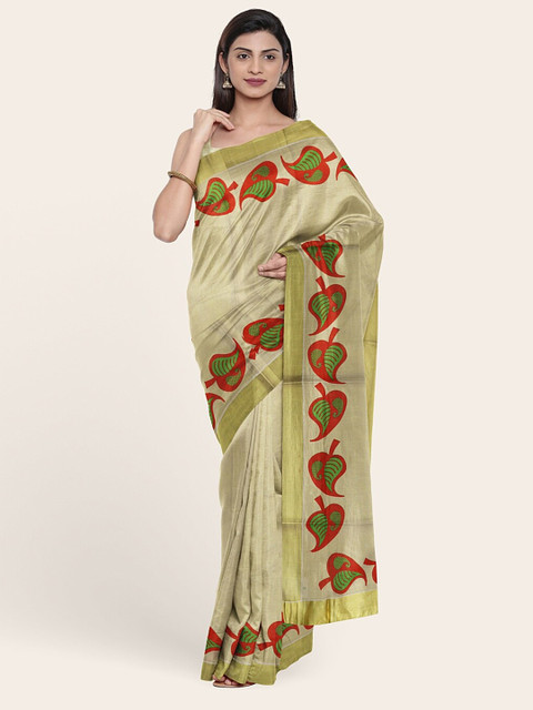 

Pothys Gold-Toned & Green Floral Zari Pure Cotton Saree