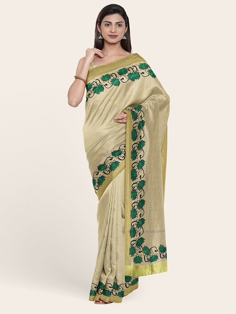 

Pothys Gold-Toned & Green Floral Zari Pure Cotton Saree