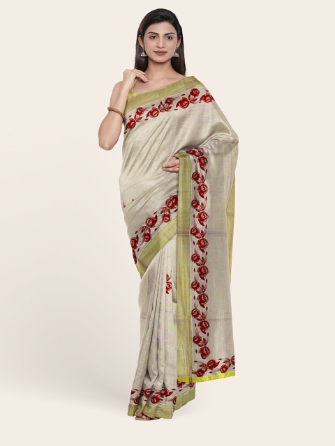 

Pothys Gold-Toned & Red Floral Pure Cotton Saree