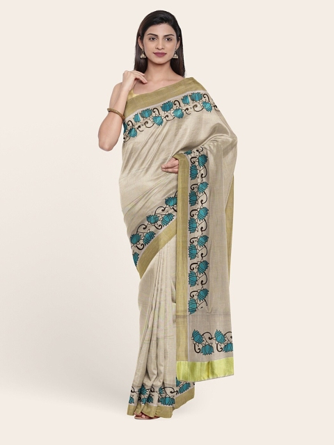 

Pothys Gold-Toned & Blue Floral Pure Cotton Saree