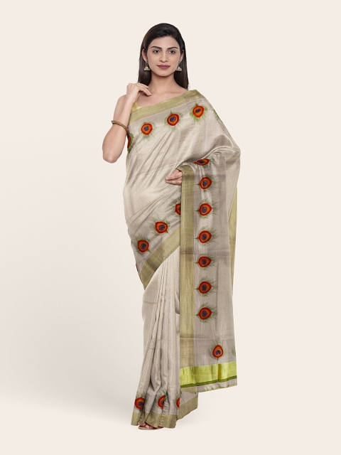 

Pothys Gold-Toned & Green Ethnic Motifs Zari Pure Cotton Saree