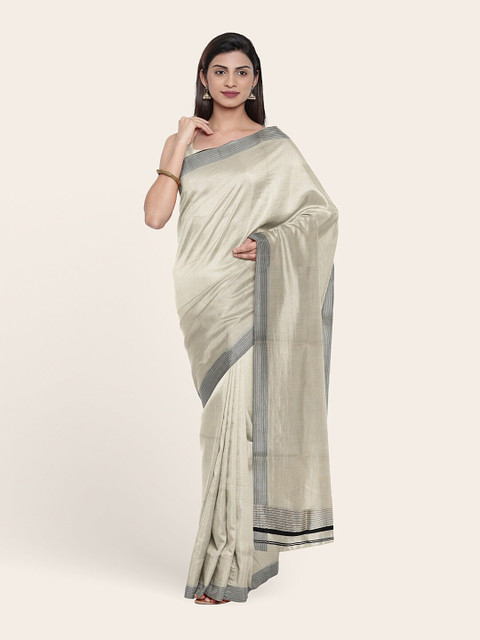 

Pothys women Off White & Silver-Toned Zari Pure Cotton Saree