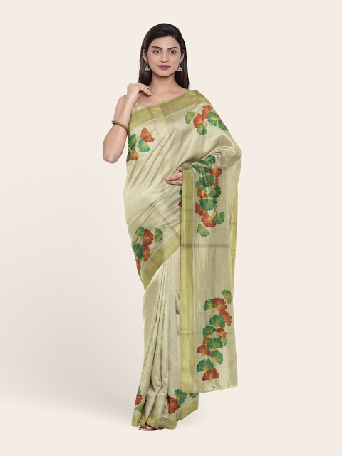 

Pothys Gold-Toned & Green Floral Pure Cotton Saree