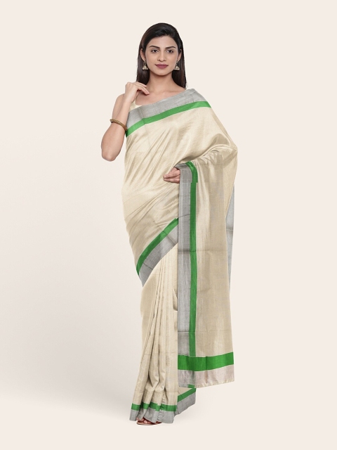 

Pothys women Off White & Green Zari Pure Cotton Saree