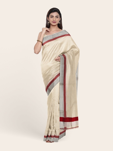 

Pothys Off White & Silver-Toned Zari Pure Cotton Saree