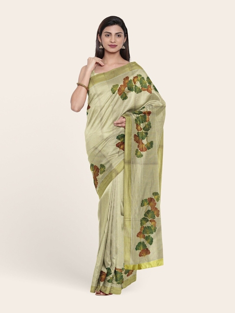 

Pothys Gold-Toned & Green Floral Pure Cotton Saree