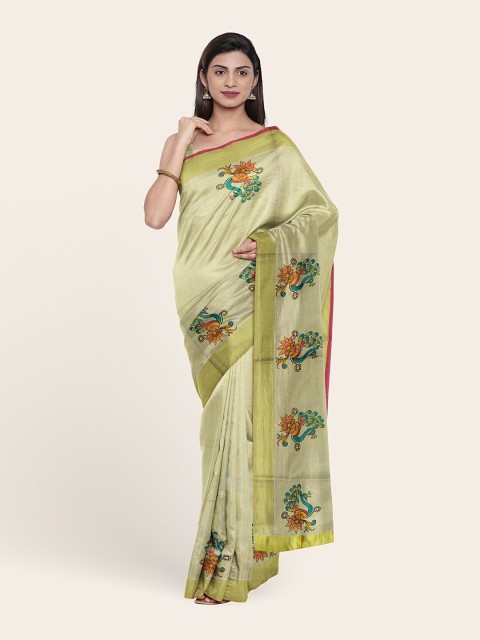 

Pothys Gold-Toned & Green Ethnic Motifs Zari Pure Cotton Saree