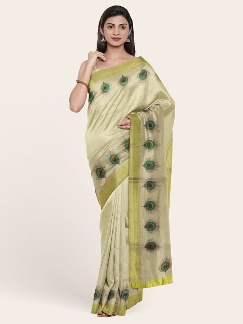 

Pothys women Gold-Toned & Green Ethnic Motifs Zari Pure Cotton Saree