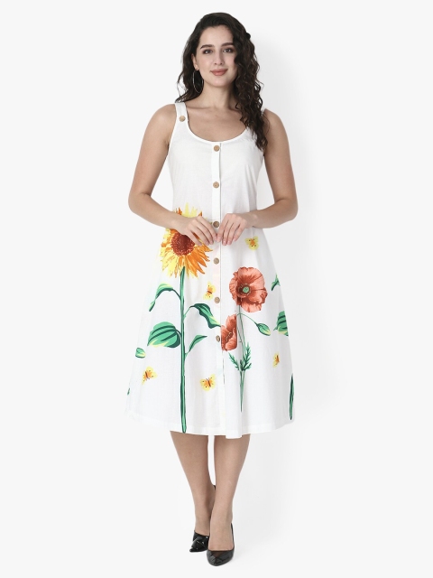 

Again fashions White Floral A-Line Midi Dress