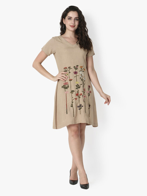 

Again fashions Beige Floral A-Line Dress
