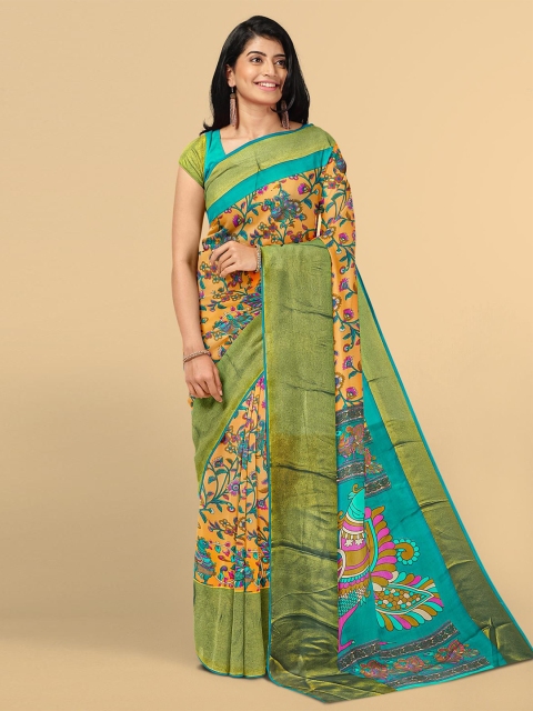 

Kalamandir Orange & Blue Kalamkari Zari Silk Blend Saree