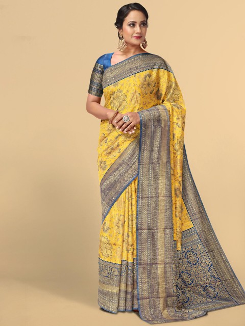 

Kalamandir Yellow & Blue Floral Zari Silk Blend Saree