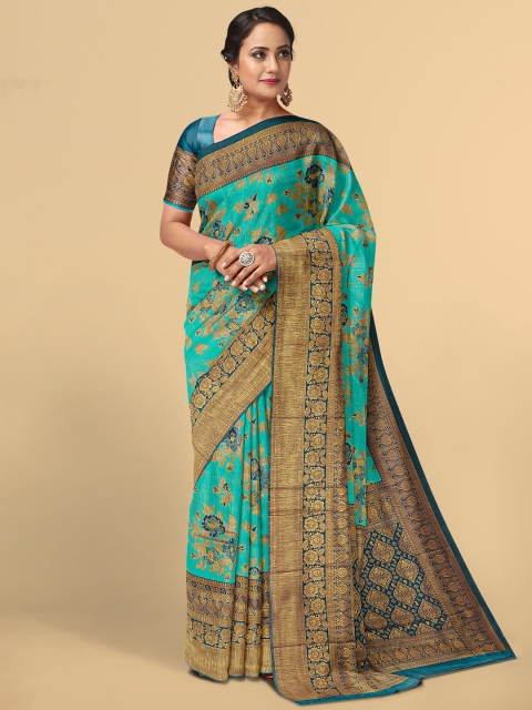 

Kalamandir Teal & Green Floral Zari Silk Blend Saree