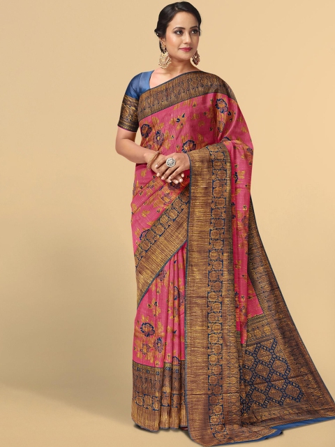 

Kalamandir Pink & Gold-Toned Floral Zari Silk Blend Saree