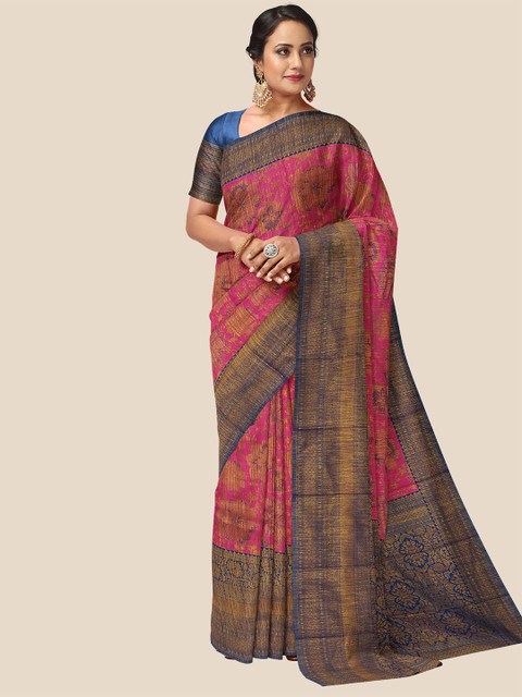 

Kalamandir Pink & Blue Floral Zari Silk Blend Saree