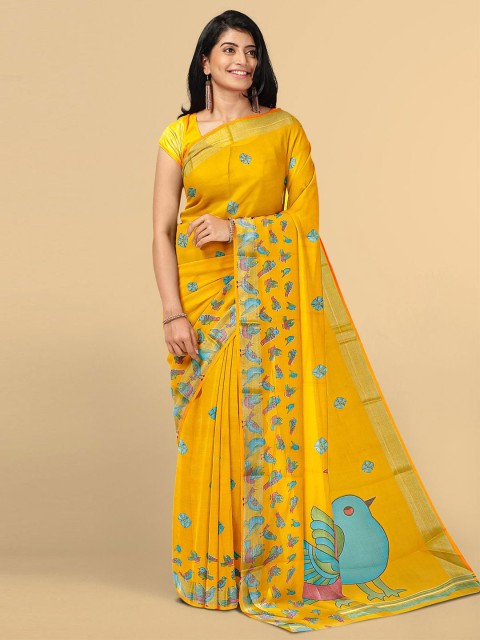 

Kalamandir Yellow & Blue Ethnic Motifs Zari Linen Blend Saree