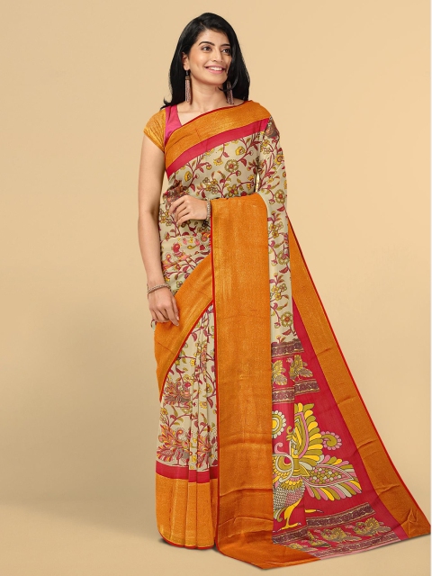 

Kalamandir Cream-Coloured & Orange Kalamkari Zari Silk Blend Saree