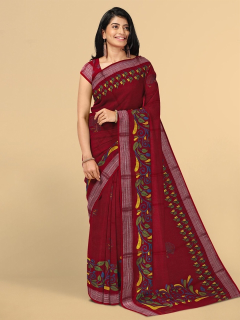 

Kalamandir Maroon & Silver-Toned Floral Zari Linen Blend Saree