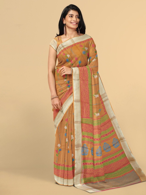 

Kalamandir Brown & Blue Floral Linen Blend Saree