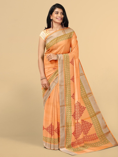 

Kalamandir Orange & Red Bandhani Zari Linen Blend Saree