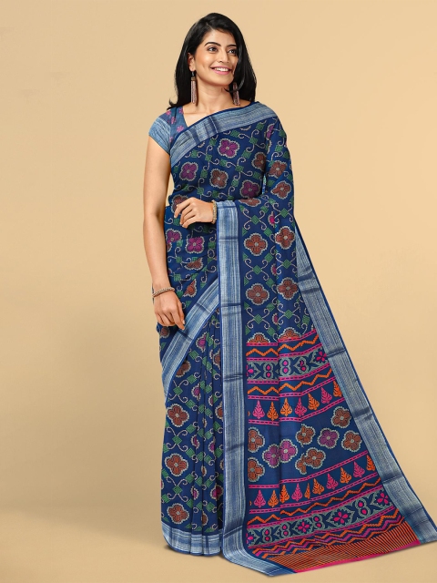 

Kalamandir Navy Blue & Pink Zari Linen Blend Saree