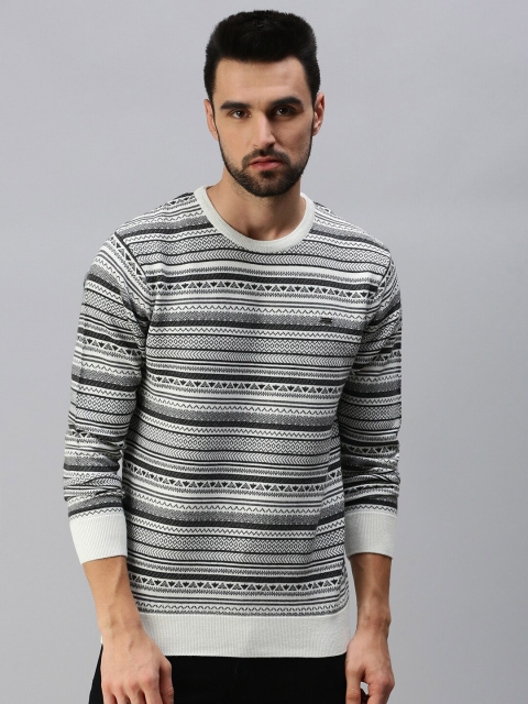 

98 Degree North Men Grey & White Striped Pullover