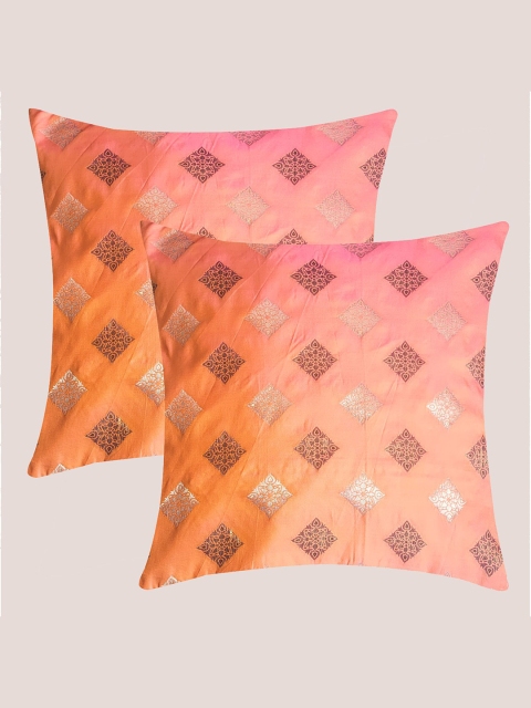 

Molcha Peach-Coloured & Yellow Set of 2 Ethnic Motifs Square Cushion Covers
