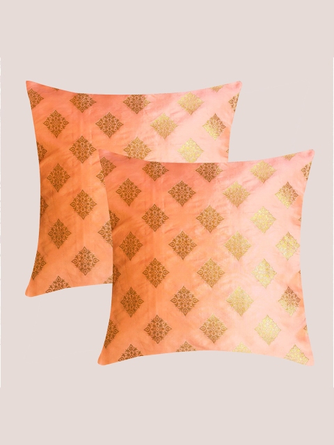 

Molcha Peach-Coloured & Gold-Toned Set of 2 Ethnic Motifs Square Cushion Covers