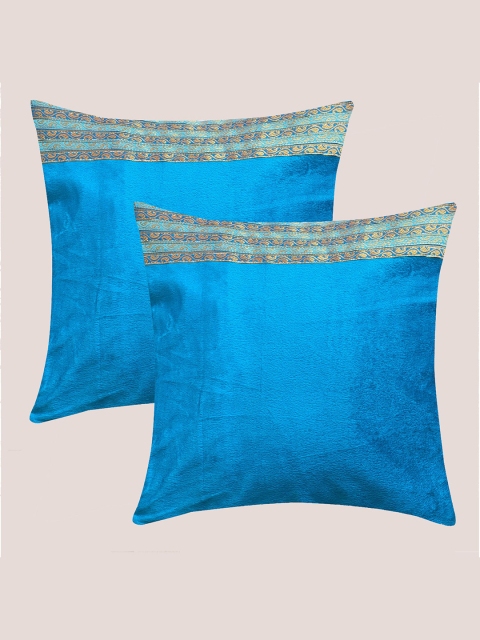 

Molcha Blue & Gold-Toned Set of 2 Striped Velvet Square Cushion Covers
