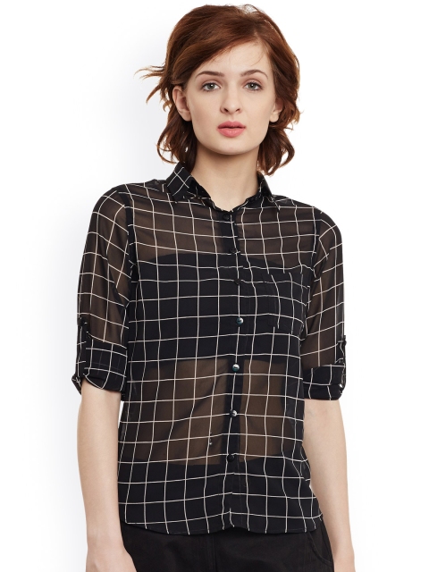 

THE SILHOUETTE STORE Women Black & White Regular Fit Checked Casual Shirt