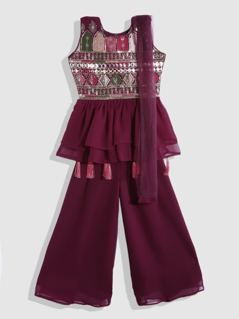 

YK Girls Maroon Embellished Ready to Wear Lehenga & Blouse With Dupatta