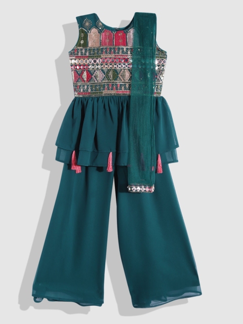 

YK Girls Teal Embroidered Mirror Work Ready to Wear Lehenga & Blouse With Dupatta
