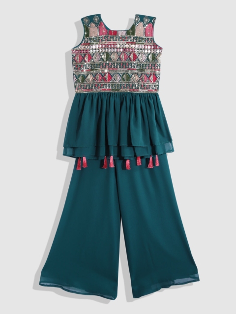 

YK Girls Teal Embroidered Mirror Work Ready to Wear Lehenga & Blouse With Dupatta