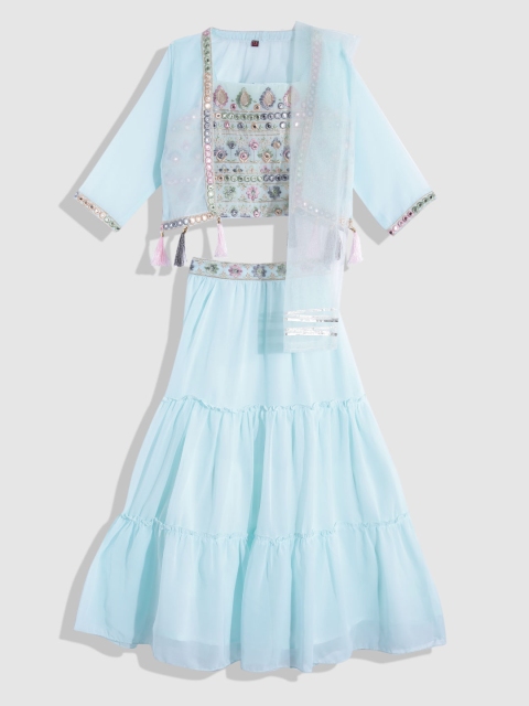 

YK Girls Turquoise Blue Embellished Mirror Work Ready to Wear Lehenga & Blouse With Dupatta