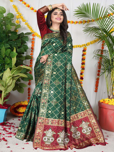 

VSaree Green & Red Woven Design Zari Pure Silk Patola Saree