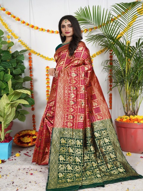 

VSaree Red & Green Woven Design Zari Pure Silk Patola Saree