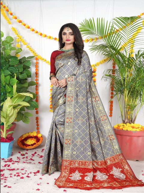 

VSaree Grey & Red Woven Design Zari Pure Silk Patola Saree