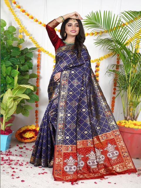 

VSaree Blue & Red Ethnic Motifs Pure Silk Patola Saree