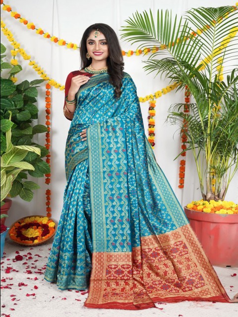 

VSaree Blue & Red Woven Design Zari Pure Silk Patola Saree