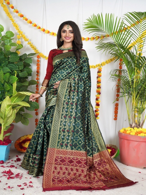 

VSaree Green & Maroon Woven Design Zari Pure Silk Patola Saree
