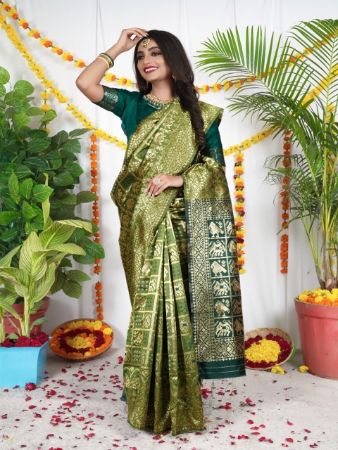 

VSaree Green & Gold-Toned Woven Design Zari Pure Silk Patola Saree