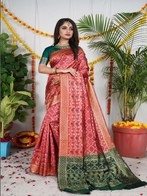 

VSaree Red & Green Woven Design Zari Pure Silk Patola Saree