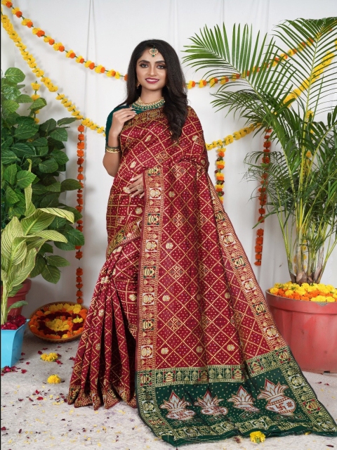 

VSaree Red & Green Woven Design Zari Pure Silk Patola Saree