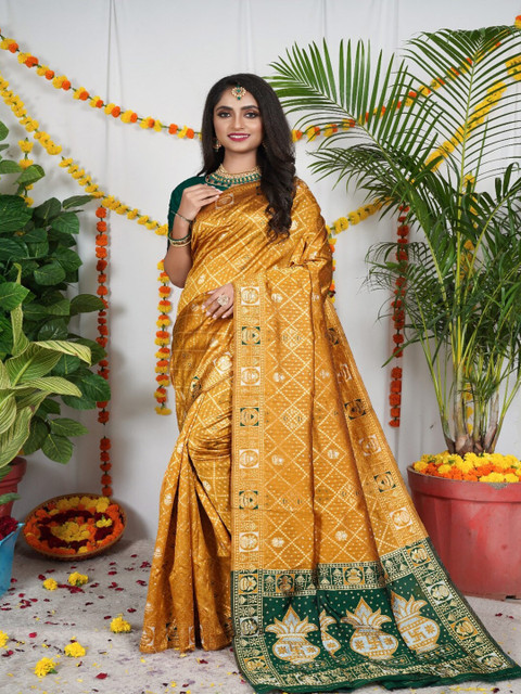 

VSaree Yellow & Green Woven Design Zari Pure Silk Patola Saree